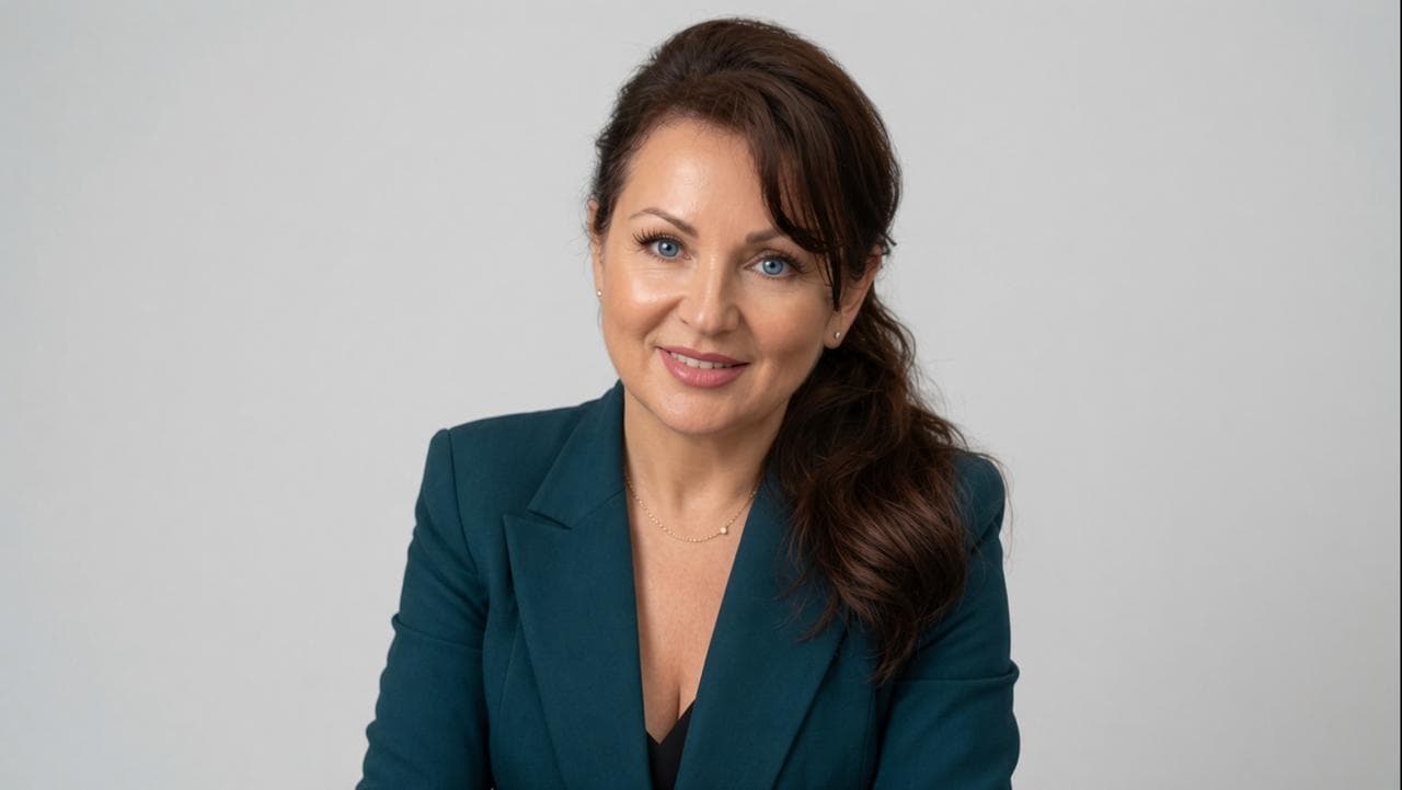 Victoria Vysochanska in a teal blazer